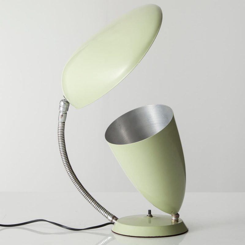Table lamp in enameled aluminum on a chrome-plated steel base with one cone shade and one "Cobra" shade.